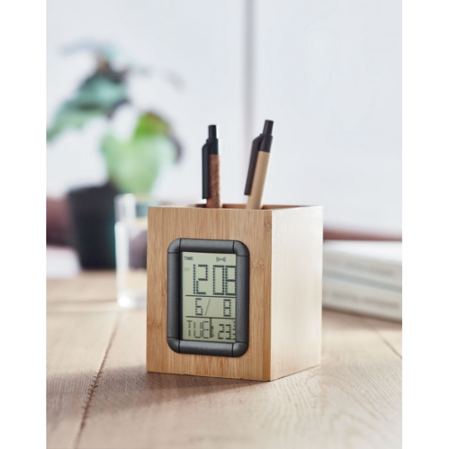 Bamboo pen holder and LCD clock