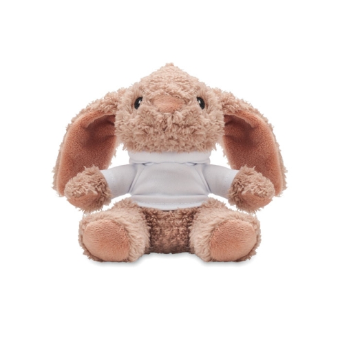 Bunny plush wearing a hoodie
