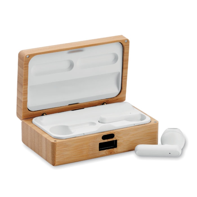 TWS earbuds in bamboo case