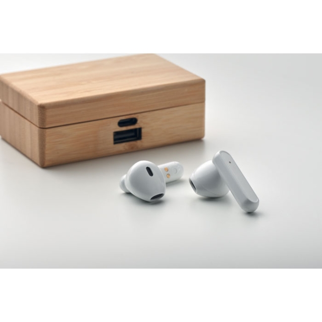 TWS earbuds in bamboo case